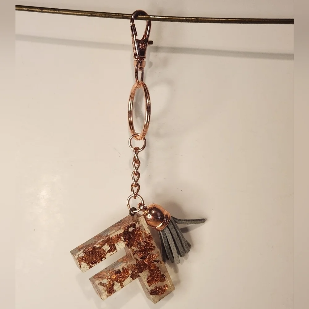 4 1/2” Handmade Letter “F” Resin Gold Leaf Tassel Keychain